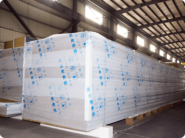 Ready-to-ship rockwool sandwich panels stored in production base