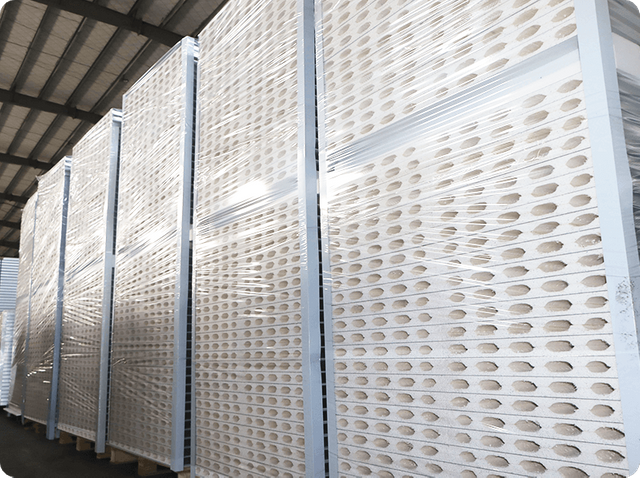 Packaged insulated sandwich panels ready for shipment to job site
